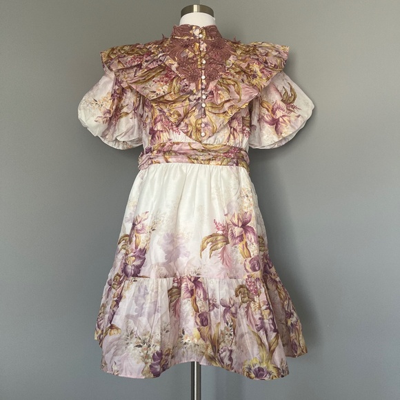 Karen Millen Floral Applique Crinkle Woven Cocktail Balloon Sleeves Mini Dress 8 - Picture 3 of 11